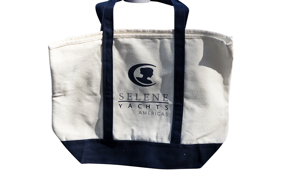 White Canvas Tote Bag with Navy blue trim - Selene Yachts Americas