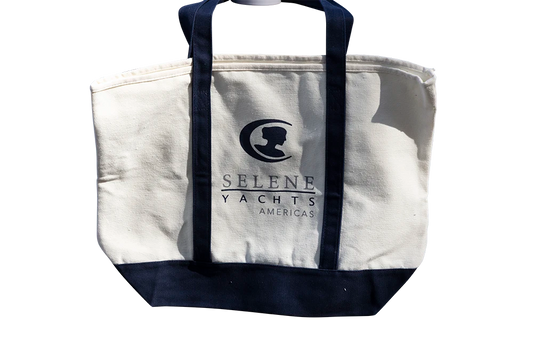 White Canvas Tote Bag with Navy blue trim - Selene Yachts Americas